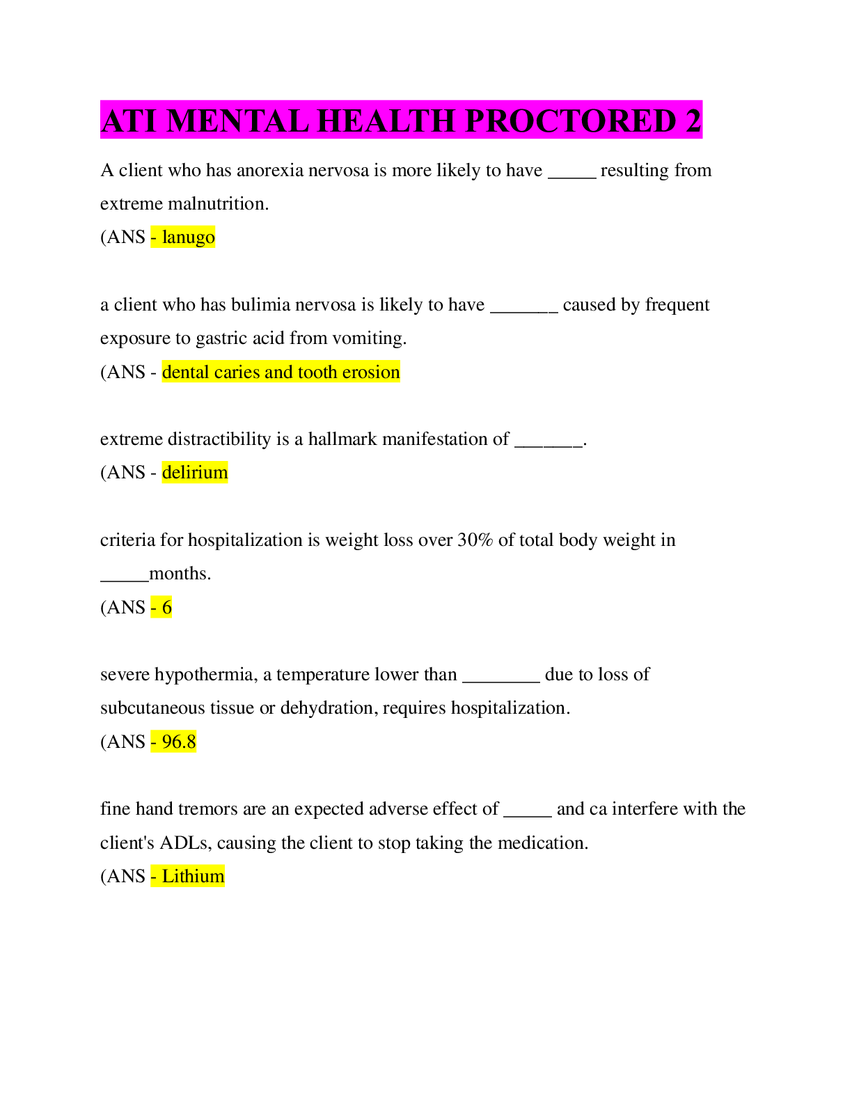 Preview image for ATI MENTAL HEALTH PROCTORED 2(Latest 2022;2023) Questions & Answers